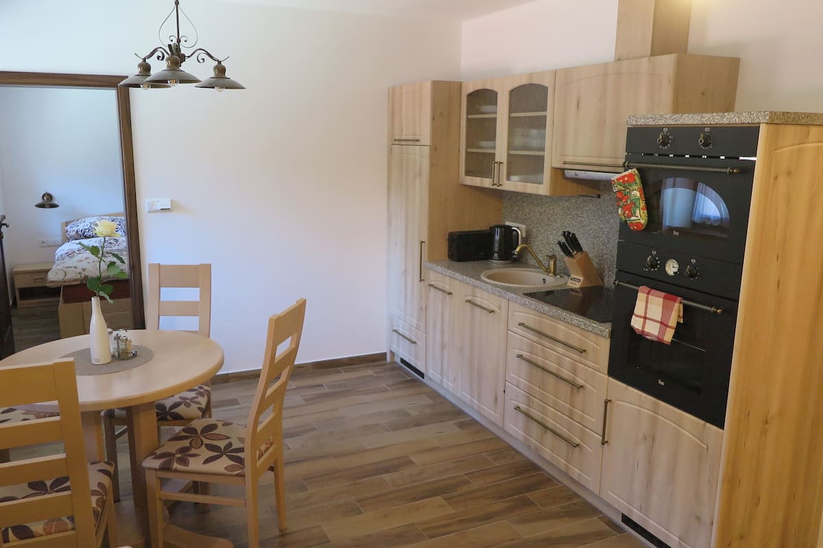 Apartamento Deluxe | Cocina básica privada | Cafetera o tetera, frigorífico, microondas y horno