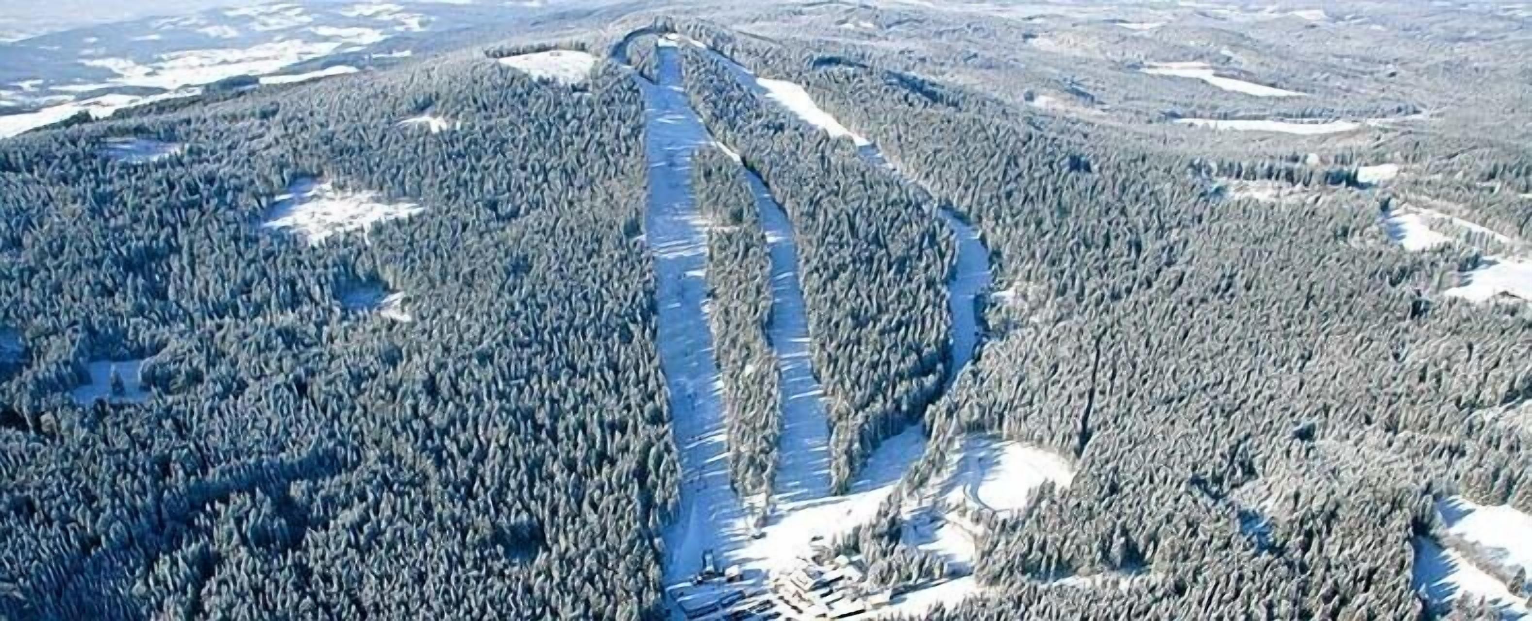 Ett snötäckt bergområde med täta skogar.