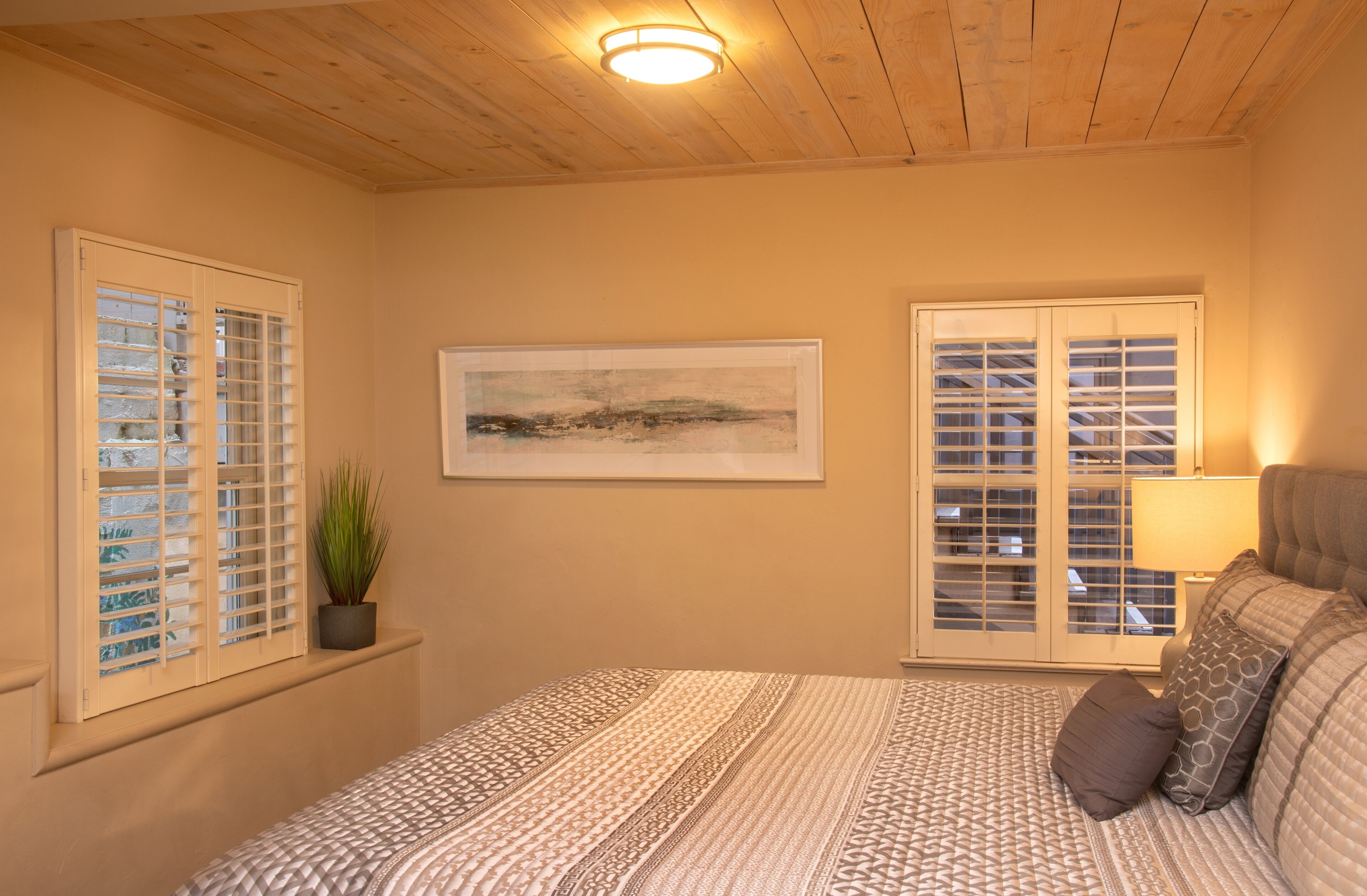 A bedroom with a bed, a window with blinds, a potted plant, a framed picture on the wall, and a ceiling light.