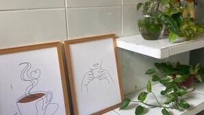Two framed line drawings on a white shelf, a potted plant, and a small figurine. - Pousada Tambaú (João Pessoa)