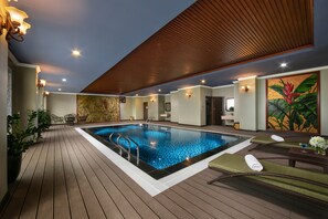 Indoor pool, open 6:30 AM to 9:30 PM, sun loungers