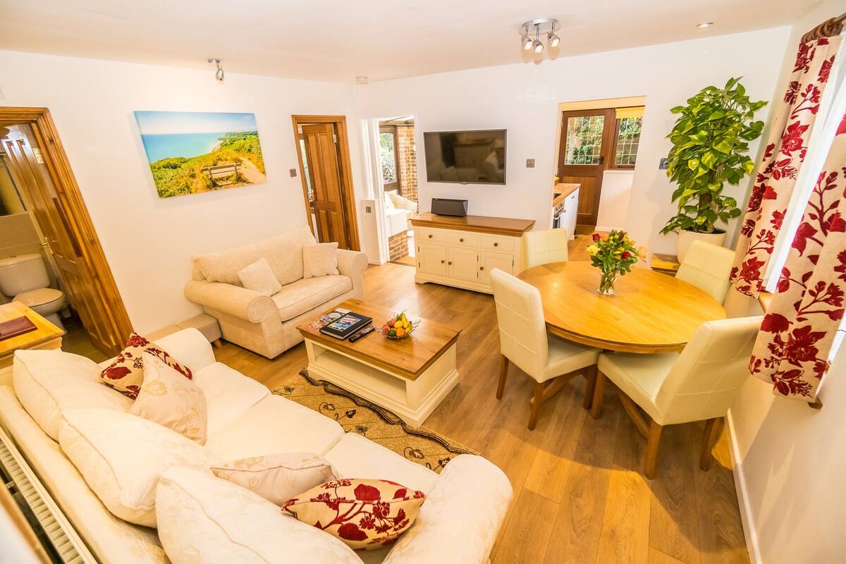A living room with a sofa, coffee table, TV, dining table, chairs, and a potted plant.