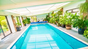 An indoor swimming pool with clear glass walls, surrounded by potted plants and a blue tiled floor. - Covehurst Bay Holiday Cottages (Hastings)