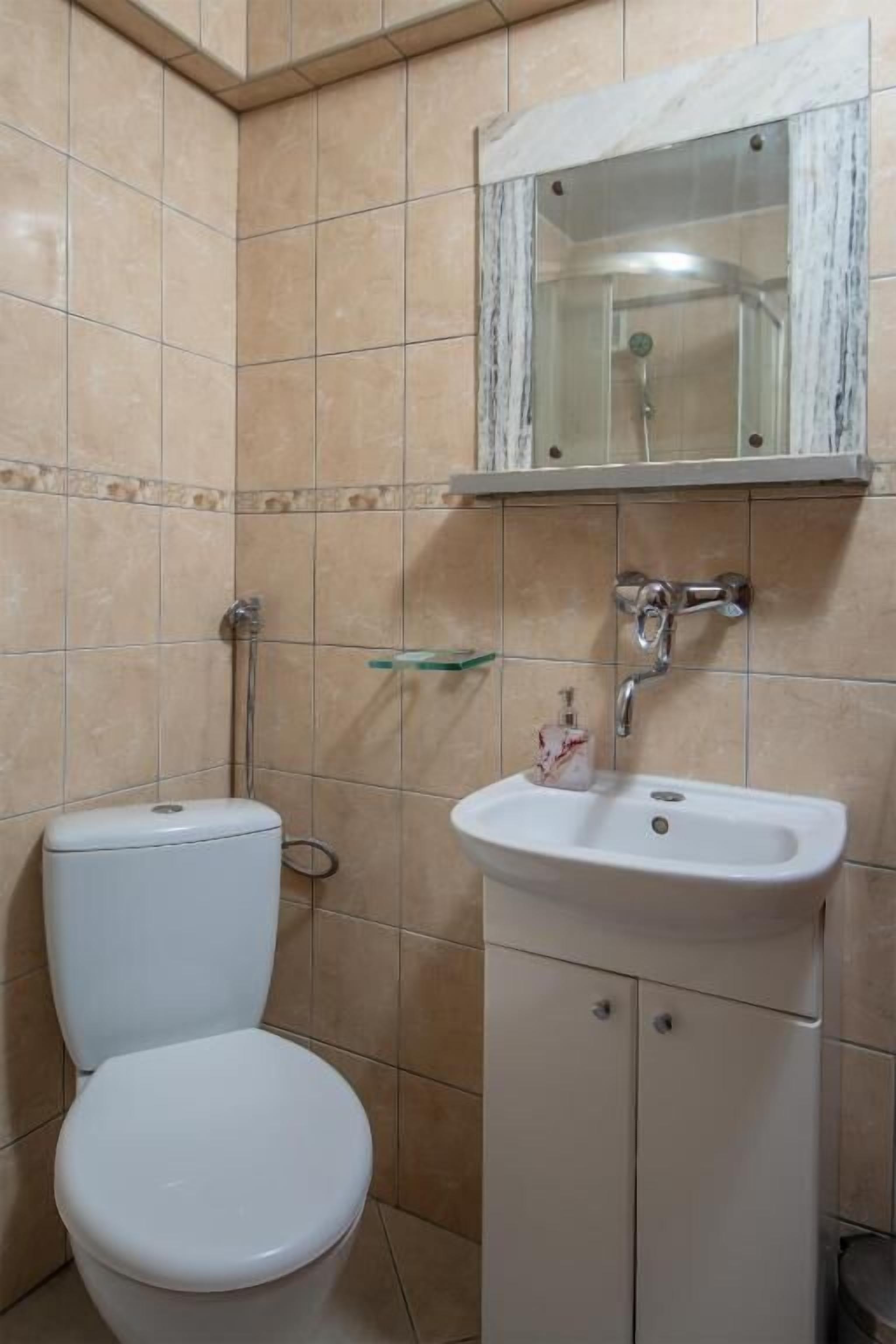 A bathroom with a toilet, sink, and mirror.