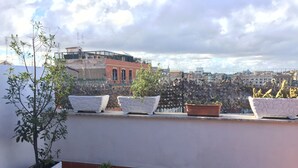 Eine Dachterrasse mit Blumentöpfen und Blick auf die Stadt.