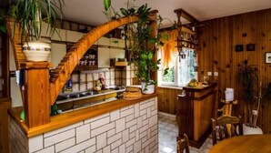 A rustic kitchen with a brick island, wooden cabinets, and hanging plants. - Apartmani MAK (Korcula)