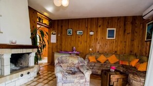 A cozy living room with a fireplace, a patterned armchair, a sofa with orange cushions, and wooden walls. - Apartmani MAK (Korcula)