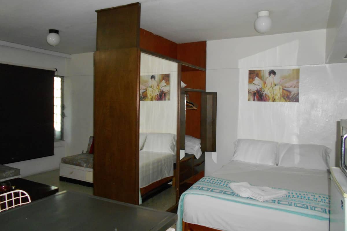 Loft económico, 1 cama matrimonial | 1 habitación, muebles diferentes y tabla de planchar con plancha