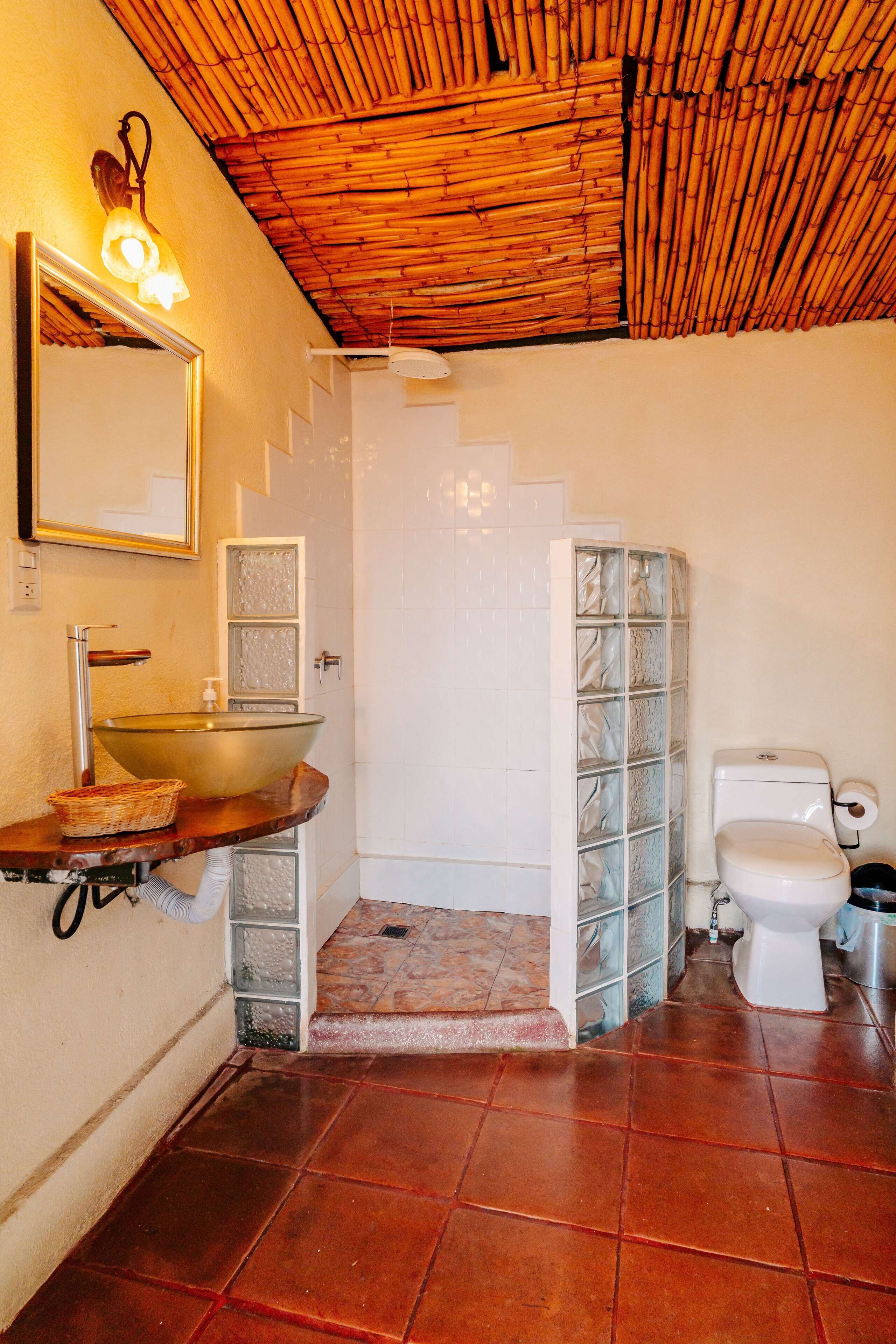 Une salle de bain avec un plafond en bois, un grand lavabo avec un miroir, des toilettes et une cabine de douche en verre.