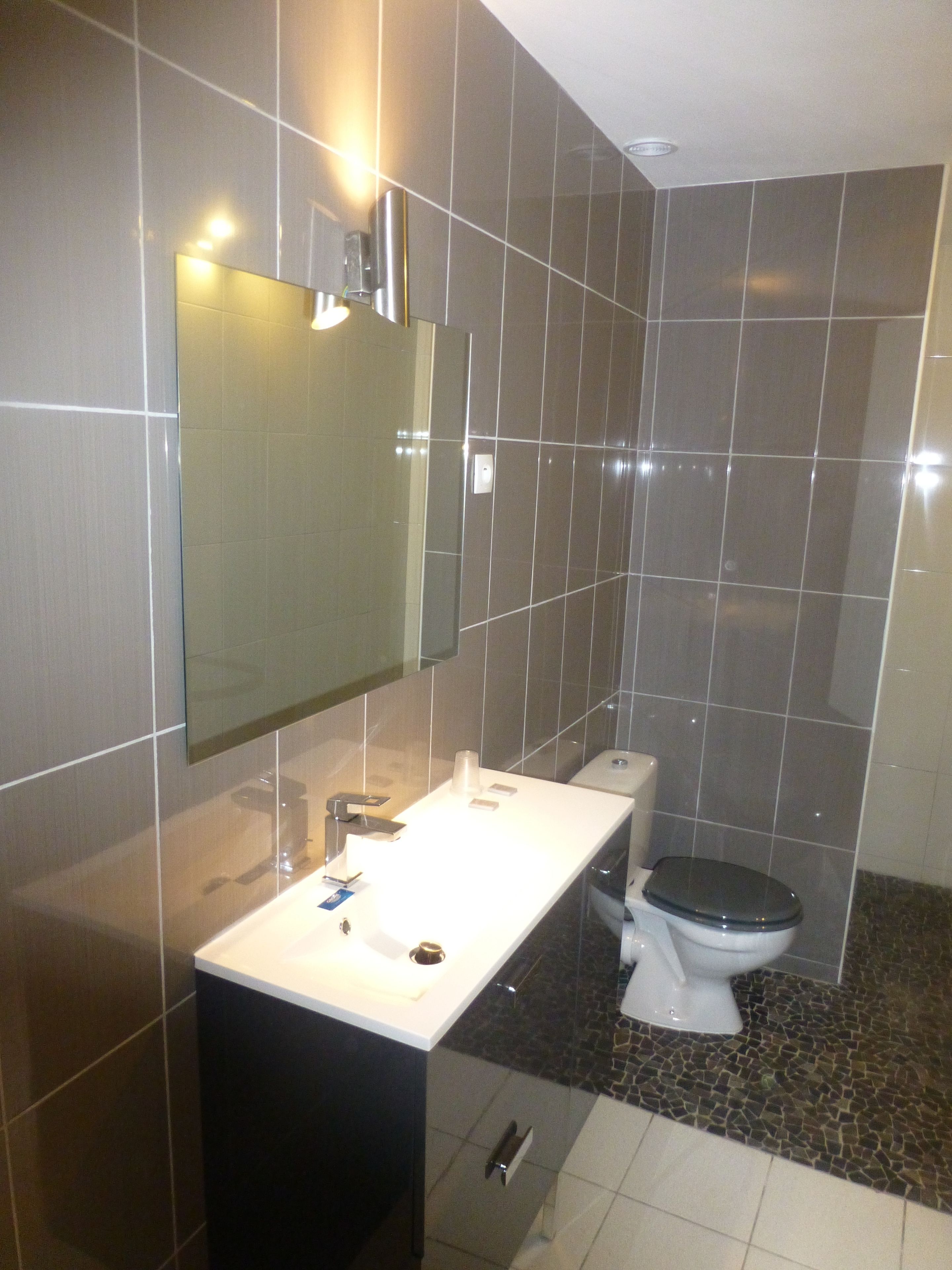 A modern bathroom with a large mirror, a white sink, and a toilet.