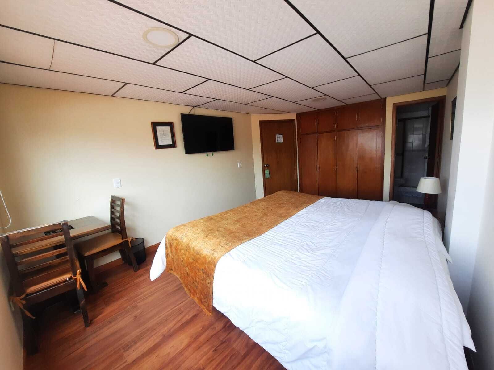 Una habitación de hotel con cama, escritorio, silla, televisión y armario.