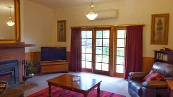 Smart TV, lareira, DVD player, livros