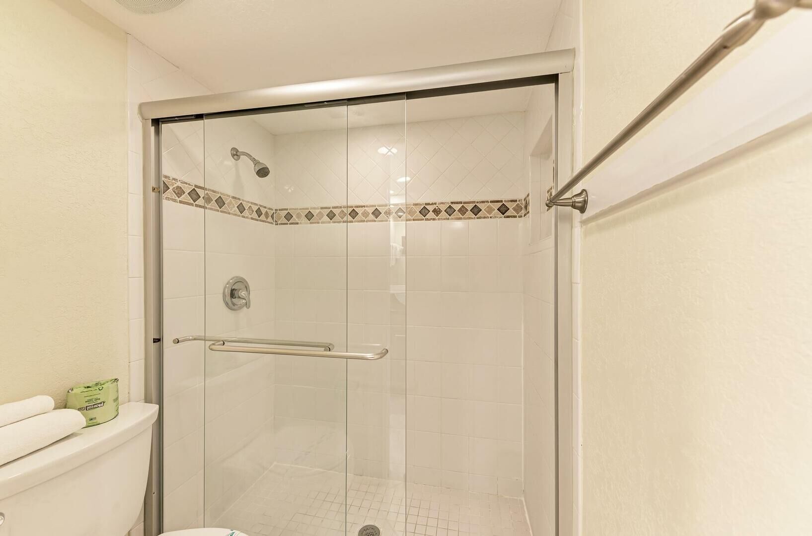 Une douche fermée par des parois en verre, dotée d’une barre d’appui, des toilettes avec un sac vert et un sol carrelé.