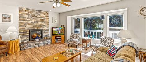 Cheminée, lecteur de DVD, chaîne hi-fi