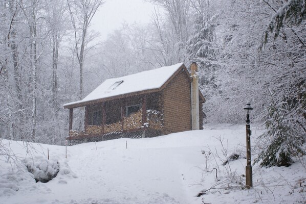 A cabin with a sloped roof, surrounded by snow-covered trees and a snow-covered ground. - Log Cabin - Cozy, Quaint & Scenic and Ready for Your Enjoyment! (Chester)