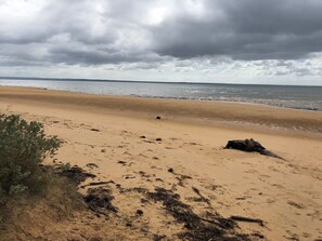 On the beach, sun-loungers