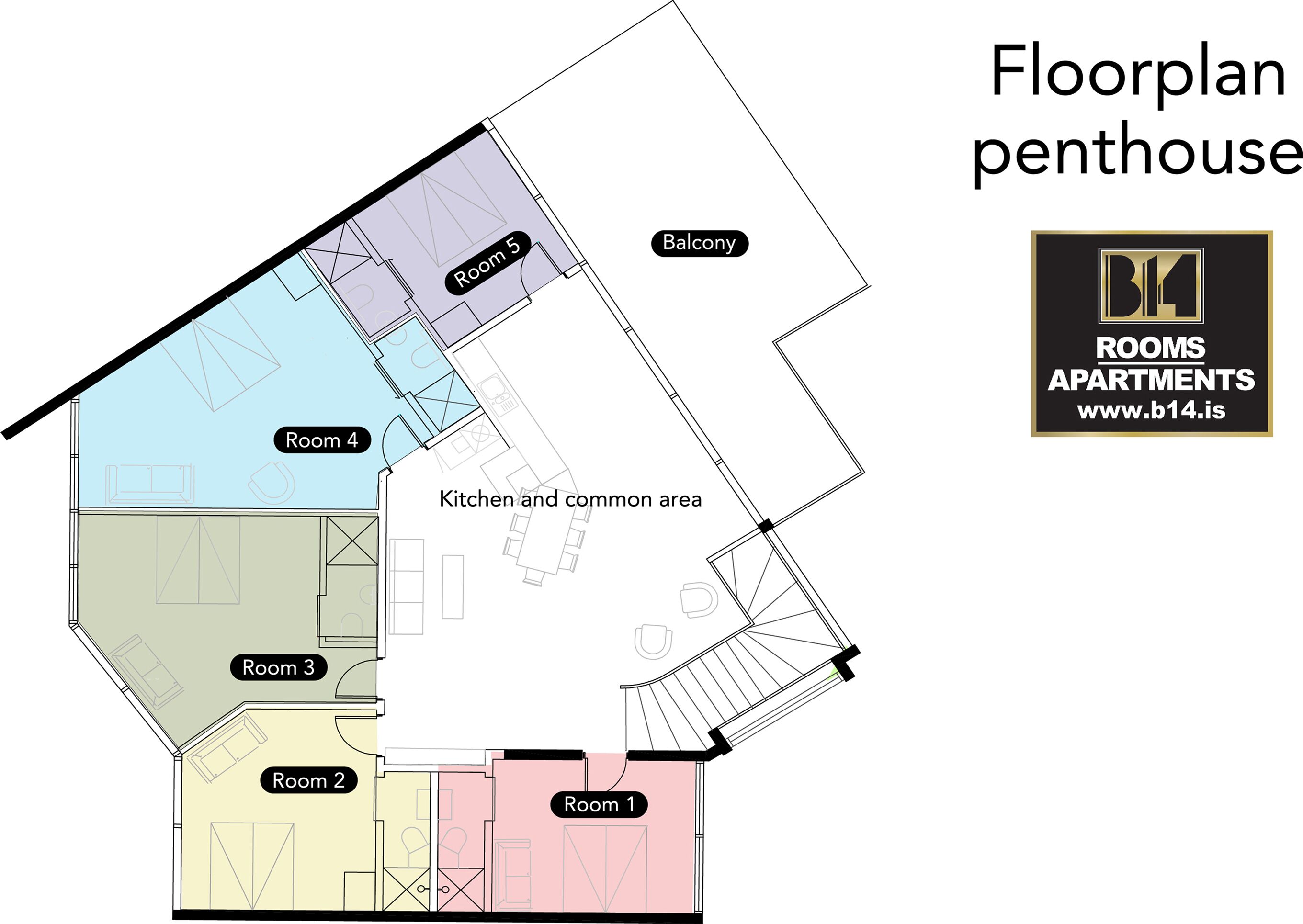 A floor plan of a penthouse with five bedrooms, a balcony, a kitchen, and a common area.