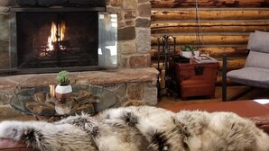 Una sala de estar acogedora con chimenea de piedra, un televisor montado en una pared de madera y un plaid de piel en el sofá.