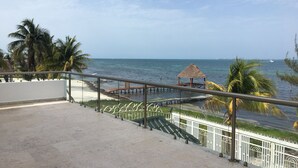 Een balkon met uitzicht op zee, een rieten constructie en palmbomen.
