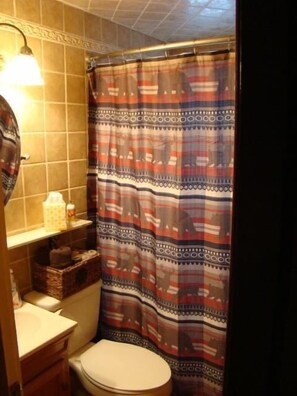 Suihkun ja ammeen yhdistelmä, pyyhkeet, vessapaperi