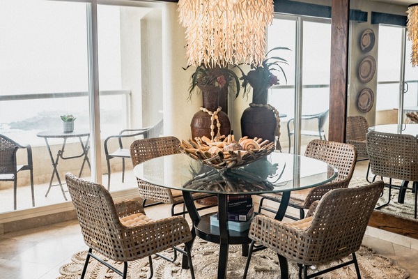 Brand new dining area complete with a coconut shell chandelier!