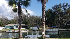 A paved walkway leading to a dock by a body of water, with palm trees and a house in the background. - Gunter's Paradise Retreat.   Pool paddle boards and kayaks! (Crystal River)