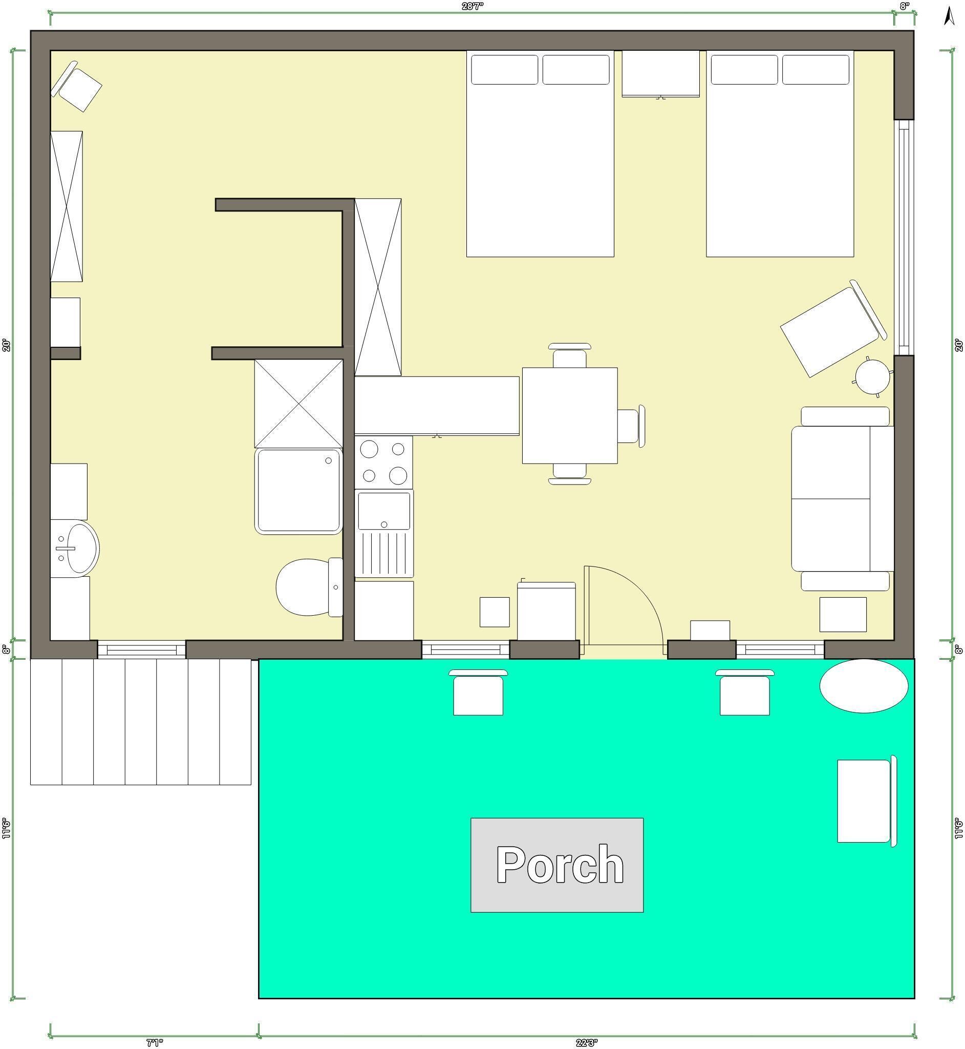 A floor plan of a house with a living room, kitchen, dining area, and a porch.
