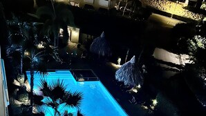 Vue aérienne d’une piscine entourée de palmiers et bordée d’un chemin en briques.