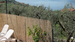 A terrace with a view of a lake and distant buildings.
