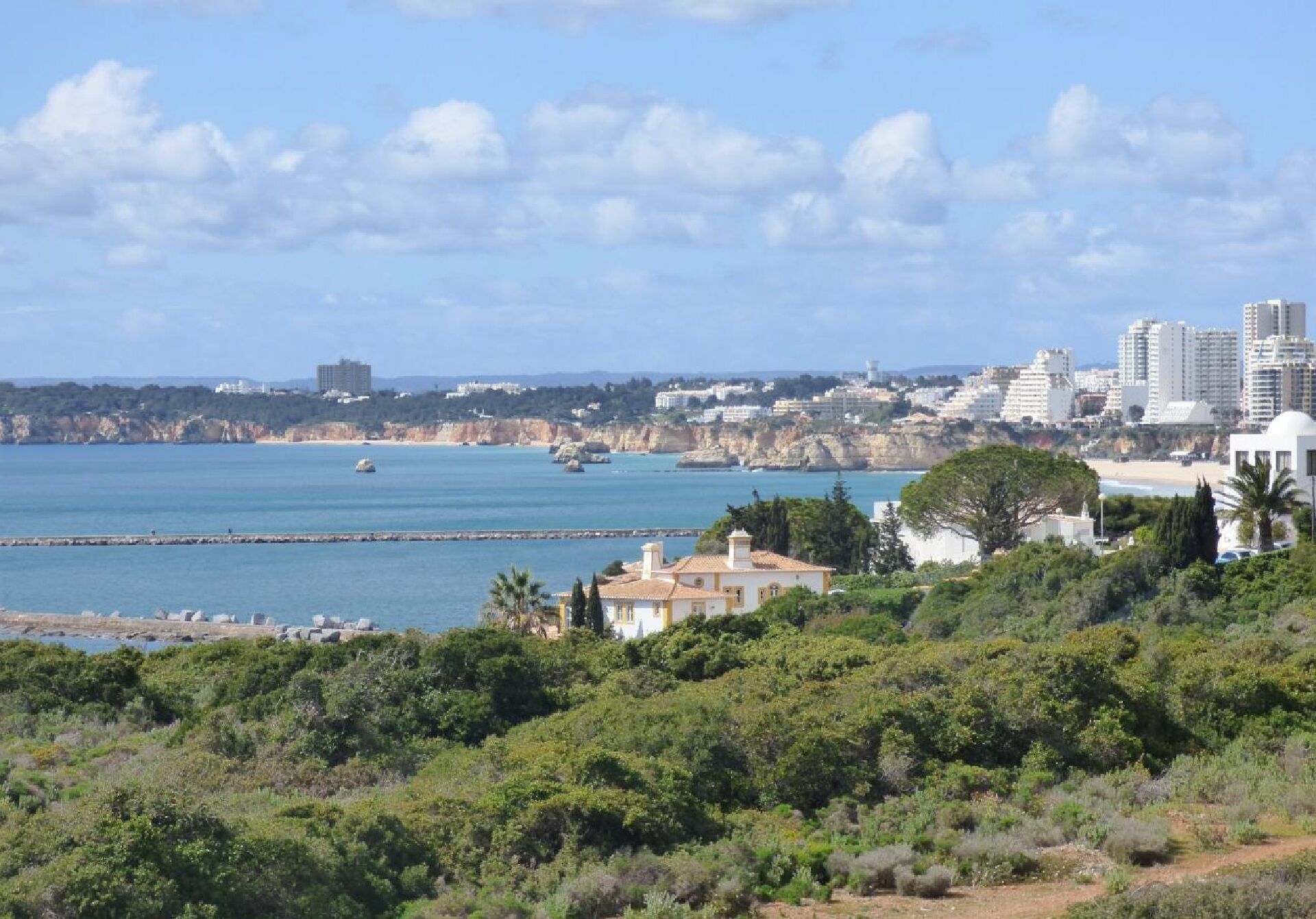 A coastal cityscape with a view of the sea, buildings, and greenery.