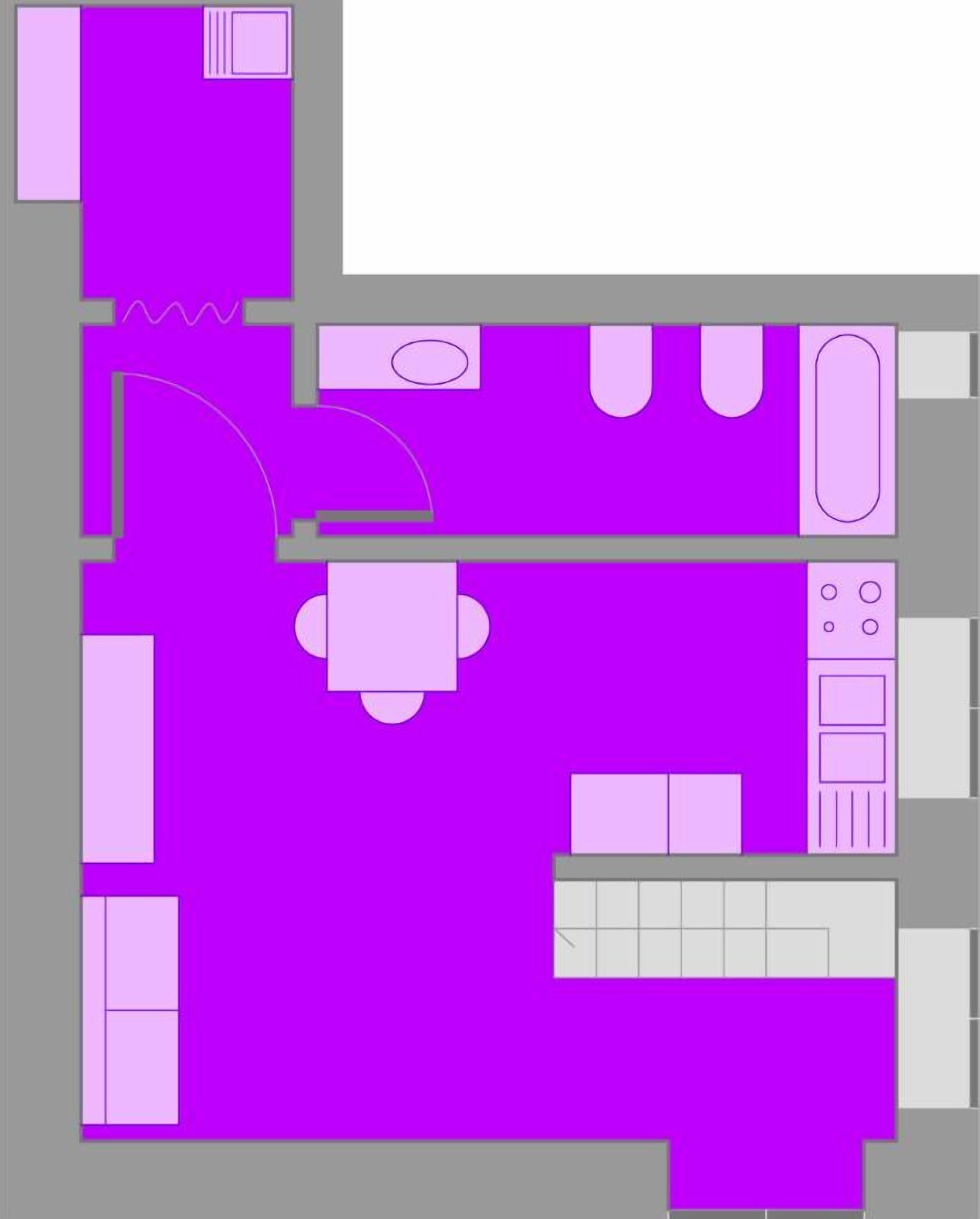 A floor plan of a hotel room with a bed, a desk, a chair, a wardrobe, and a bathroom.