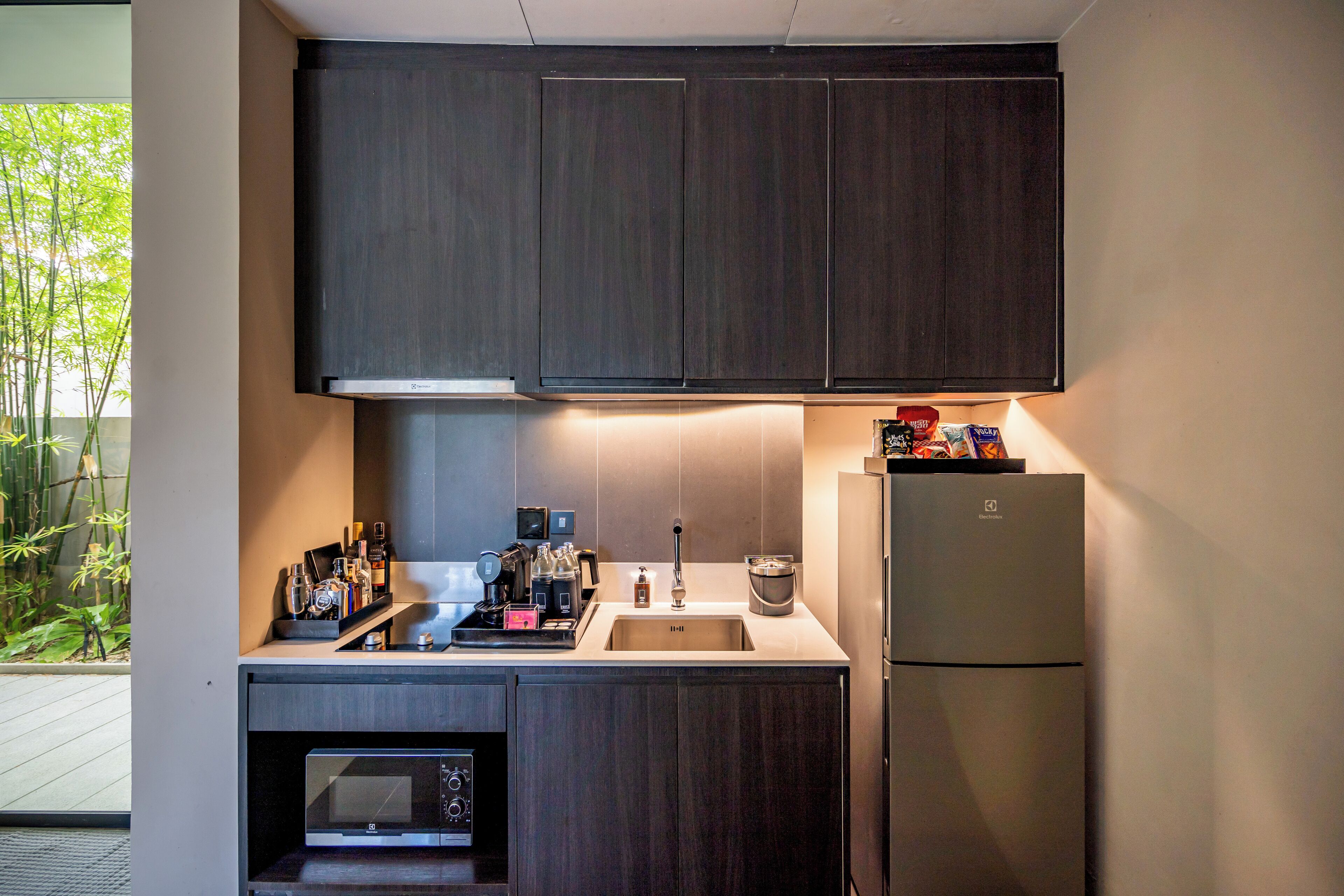 fridge, espresso maker, electric kettle, mixer