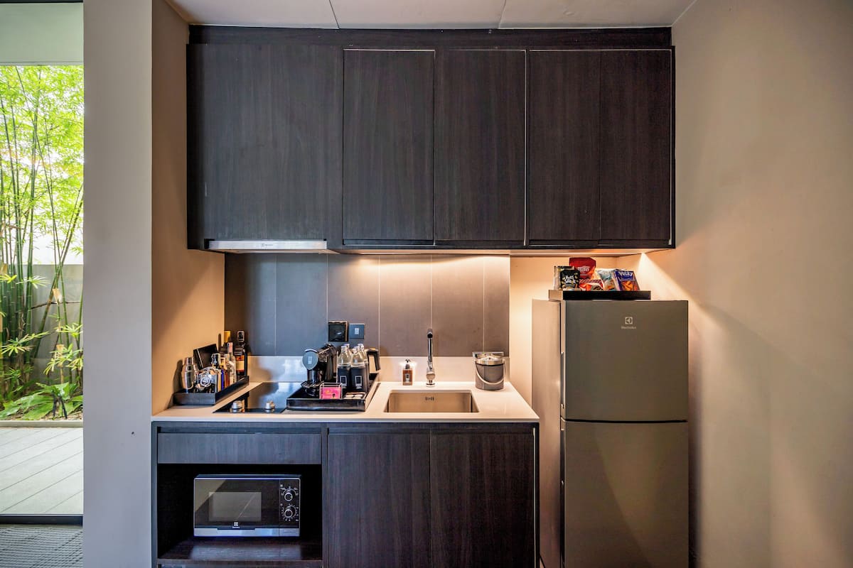 fridge, espresso maker, electric kettle, mixer