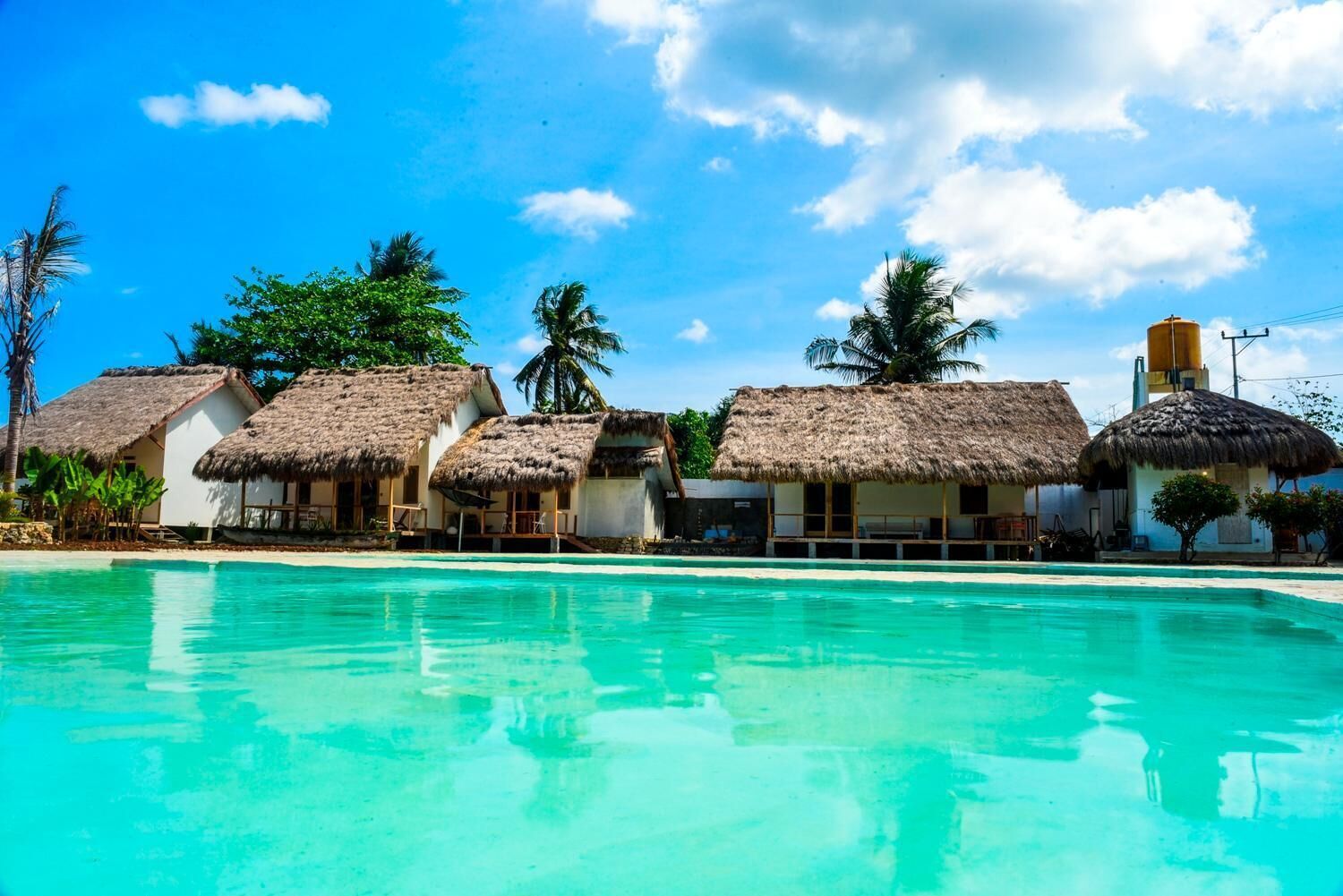A resort with thatched-roof cottages, a clear turquoise pool, and palm trees.