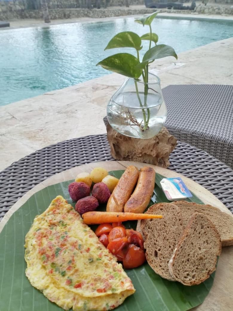 A meal with an omelette, bread, and vegetables on a plate, with a pool and a plant in the background.