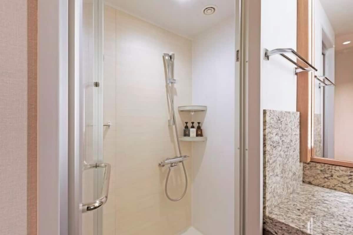 Combined shower/bathtub, hair dryer, slippers, electronic bidet