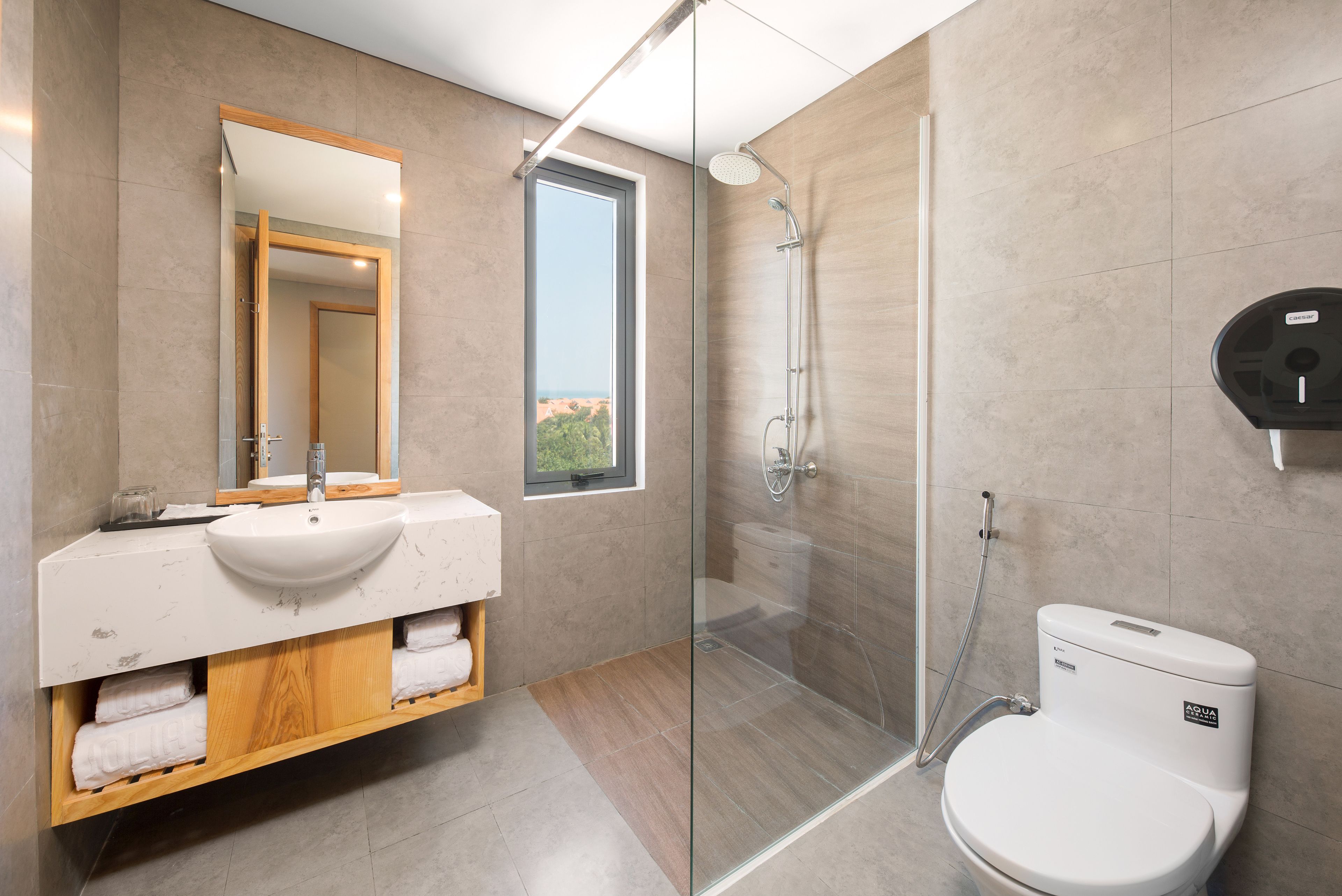 shower, rainfall showerhead, eco-friendly toiletries, slippers