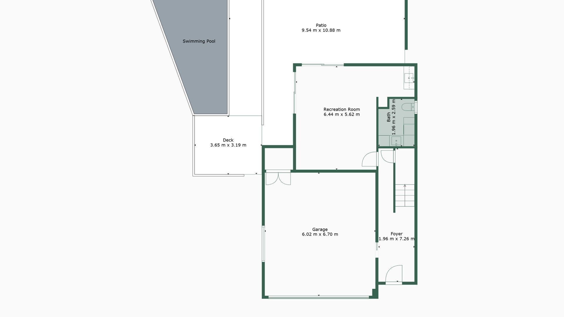 Un plan d’étage comprenant une piscine, une terrasse, une salle de jeux, une salle de bain, un hall d’entrée et un garage.
