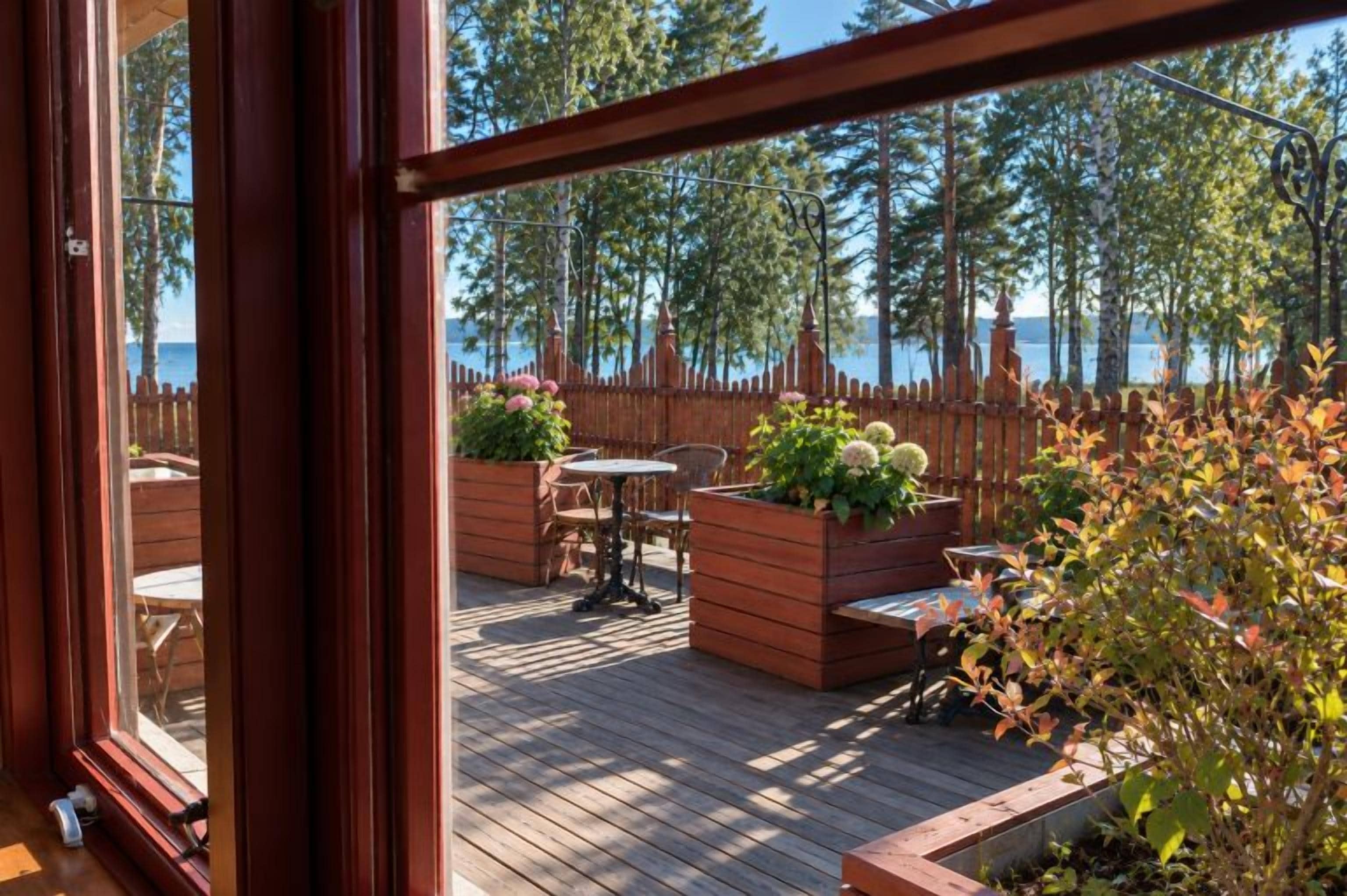 Terraza de madera con mobiliario exterior y jardineras, con vistas a un cuerpo de agua y árboles.