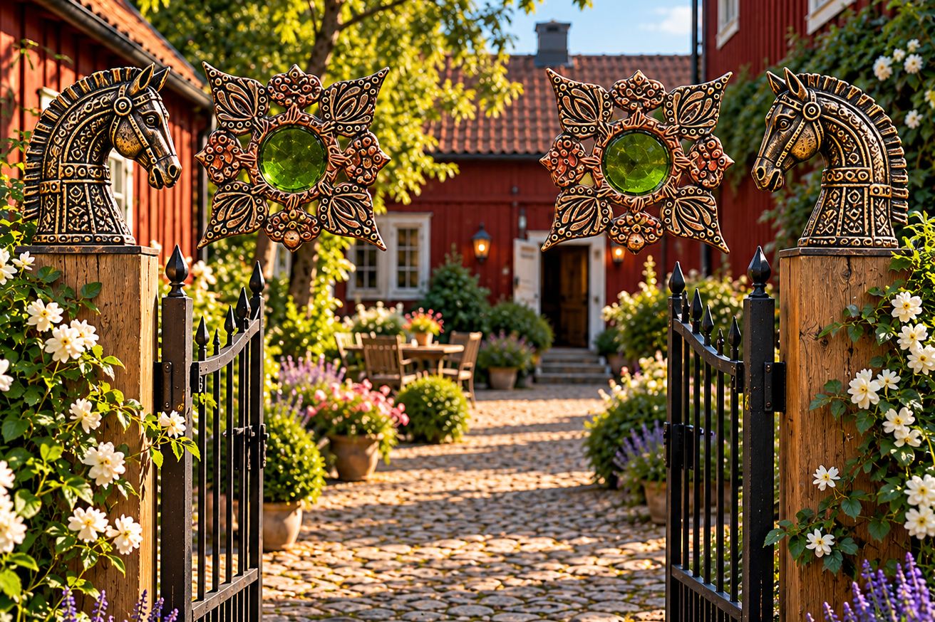 Un sendero empedrado que conduce a un edificio rojo con puertas de metal decorativas con esculturas de caballos y diseños de mariposas.