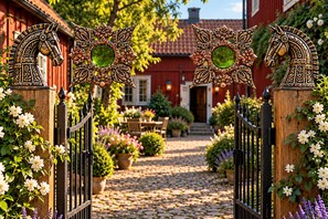 A cobblestone pathway leading to a red building with ornate metal gates featuring horse sculptures and butterfly designs. - Nymans Bed & Breakfast (Karlsborg)