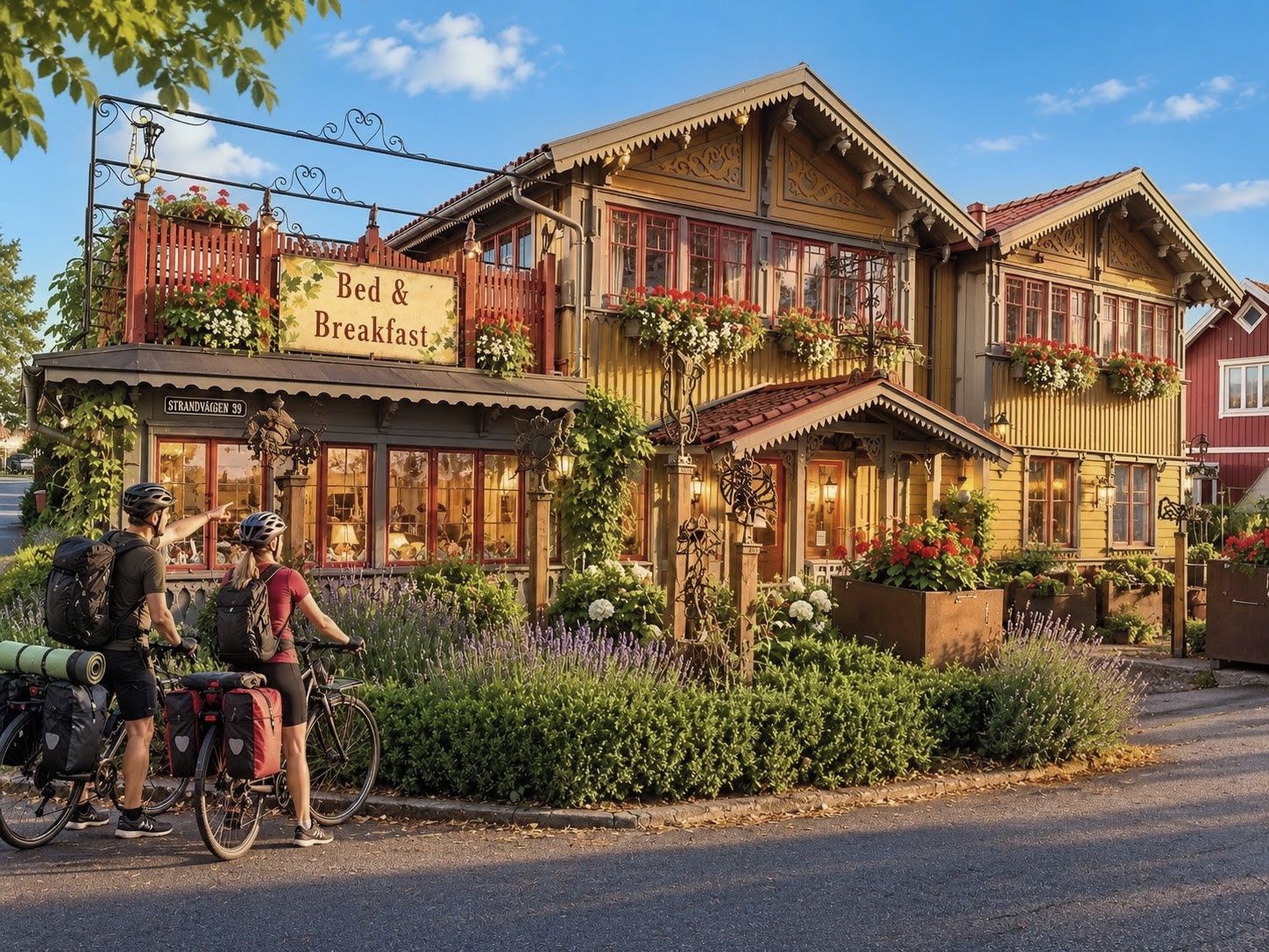 Un edificio de madera tradicional con un cartel que dice 'Bed & Breakfast' y vista a la calle.