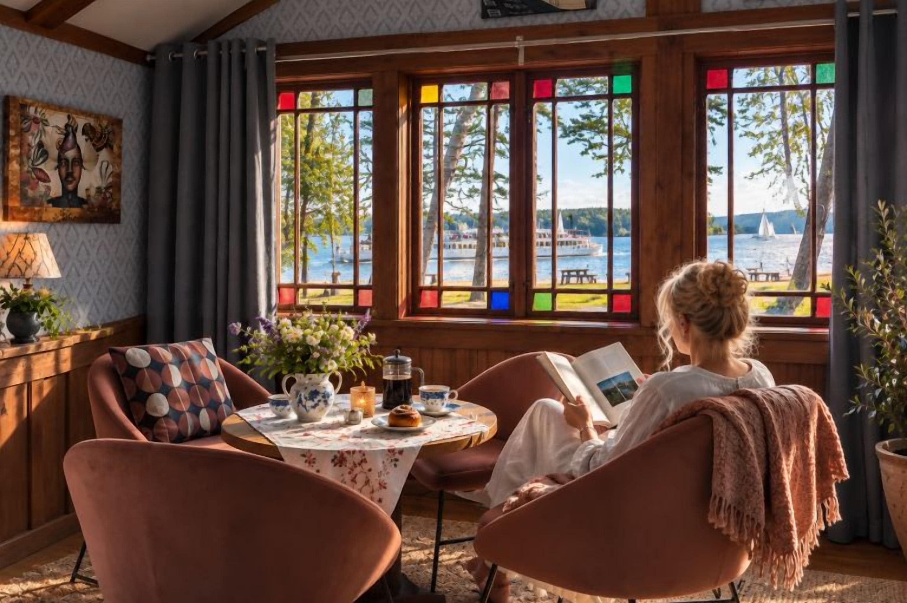 Une pièce avec vue sur un lac, une table avec une théière et une personne qui lit un livre.
