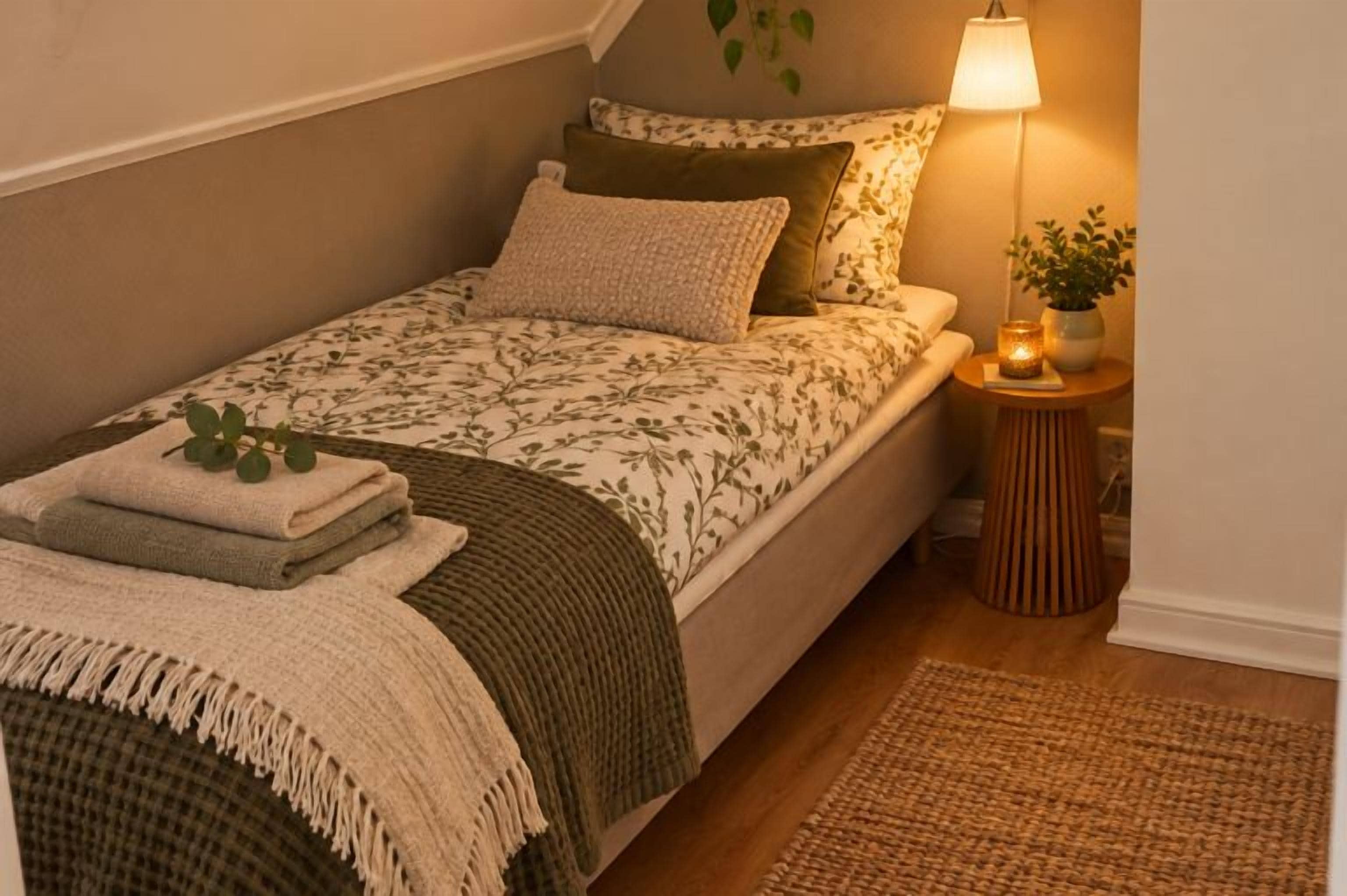 Una cama individual con una colcha estampada, una lámpara de noche, una mesita con una planta y una alfombra tejida sobre un suelo de madera.