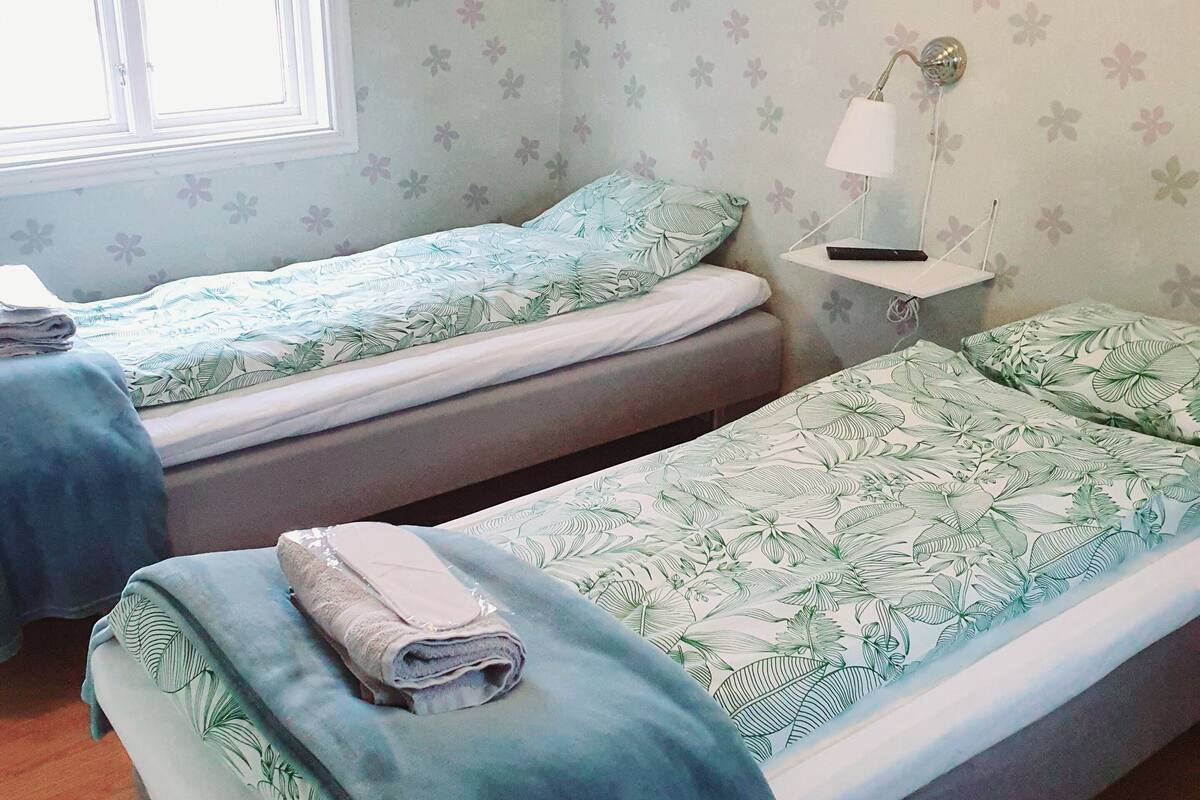 Un dormitorio con dos camas individuales, una ventana, una lámpara de pared y un cuadro enmarcado.
