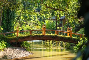 Un puente de madera sobre un río tranquilo, rodeado de exuberante vegetación y arquitectura tradicional.