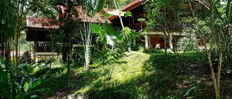 A traditional wooden house with a red roof, surrounded by lush greenery and a small pond.