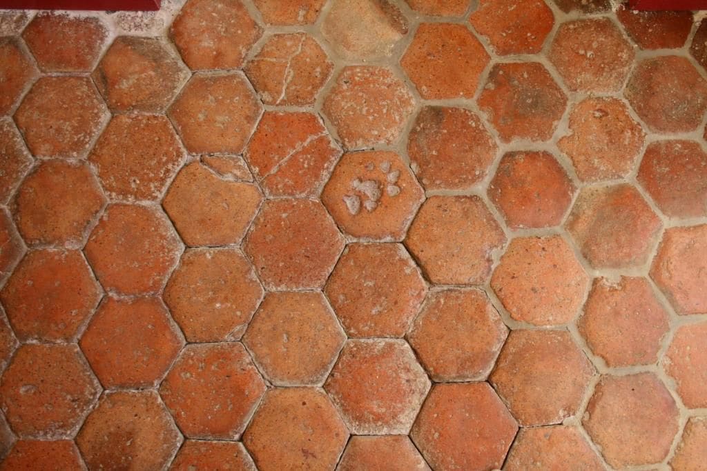 A floor with hexagonal tiles.
