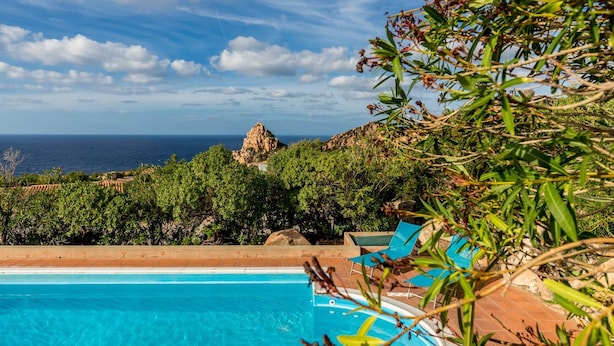 A pool with clear blue water, surrounded by greenery and a rocky outcrop in the background. - Villa Agave (Trinità d'Agultu e Vignola)