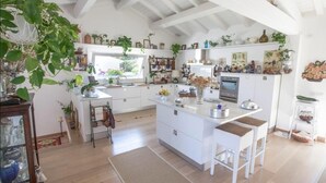 Une cuisine avec des meubles blancs, un îlot central, des tabourets de bar, ainsi que diverses plantes et ustensiles de cuisine.